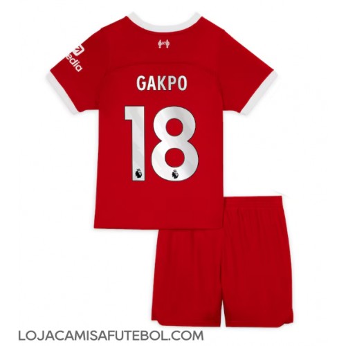 Camisa de Futebol Liverpool Cody Gakpo #18 Equipamento Principal Infantil 2023-24 Manga Curta (+ Calças curtas)